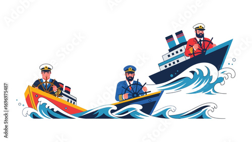 Captains Navigating the Sea: A vector illustration of three determined captains steering their respective ships across turbulent waters, symbolizing leadership, and navigating challenges.