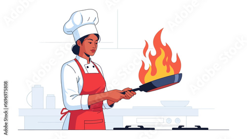Culinary Mastery: A chef's artistic representation, in a kitchen setting, displaying fiery flames from a cooking pan, an emblem of passion and expertise in action. 