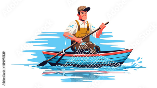 Fisherman on the lake : A fisherman skillfully navigates his boat on serene waters, casting his net with expertise, embodying the essence of a timeless practice.