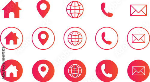 Web icon set, icon set vector. Phone,  website, address, location and mail logo symbol sign pack. Contact information Gradient icons for business cards.