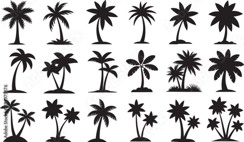 Set of various black palm tree silhouettes isolated on white background, tropical island vacation travel summer beach vector flat illustration