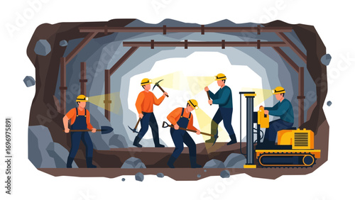 Hardworking Mine Workforce: A team of dedicated workers toiling inside a mine, diligently performing tasks, including shoveling, and operating mining equipment.