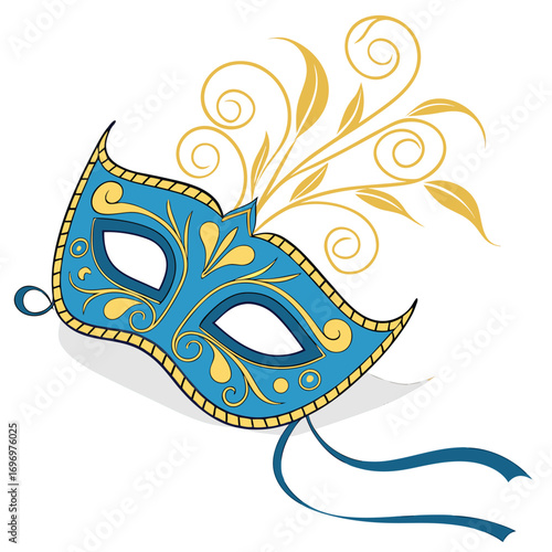 Elegant blue and gold Venetian mask with ribbon, perfect for carnival celebrations or theatrical designs, adding a touch of mystery and allure