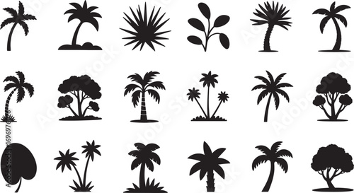 Tropical Palm and Coconut Leaf Silhouette Vector with Beach and Jungle Elements