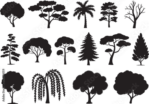 Tree Silhouette Vector Illustration with Tropical, Deciduous, and Evergreen Forest Elements