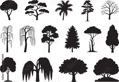 Tree Silhouette Vector Illustration with Tropical, Deciduous, and Evergreen Forest Elements