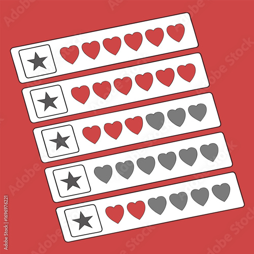 Customer satisfaction ratings showcasing hearts and stars on a bold red background for feedback and user experience concepts
