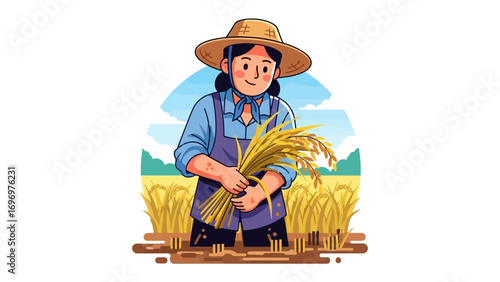 Harvesting Harmony: A smiling farmer, adorned in a straw hat, harvests golden wheat, embodying the spirit of agricultural abundance in a vibrant scene.