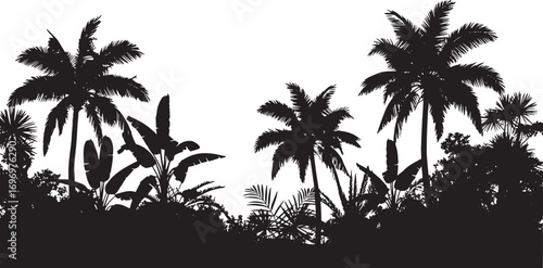 Jungle landscape. Vector background with silhouette of rainforest. Horizontal black panoramic border with palms, trees and bushes.