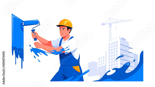 Crafting a Blueprint with Color: A skilled painter meticulously applies vibrant blue paint to a wall, against a backdrop of a building under construction.
