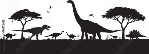 Dinosaur landscape silhouette with trees, flying birds, prehistoric animals walking, black vector illustration for kids, nature scene, clipart bundle