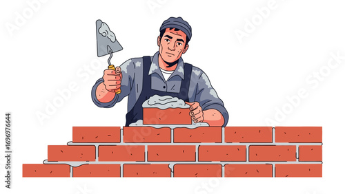 Builder at Work: A skilled builder, wearing work attire and a cap, meticulously places a brick onto the foundation, demonstrating the art of construction in vibrant graphic illustration.