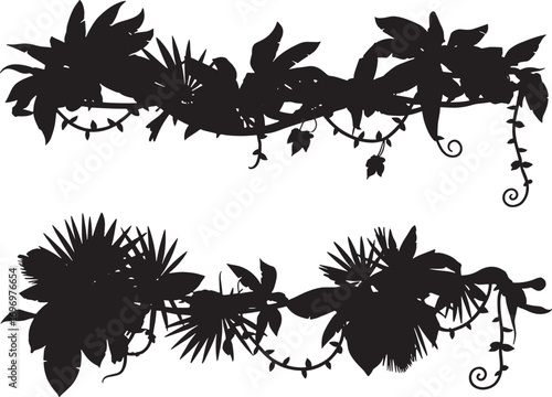 Amazon Rainforest Jungle Vector Silhouettes with Tropical Trees, Vines, and Foliage