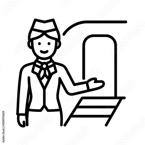 Line icon of flight attendant welcoming passengers at airplane entrance