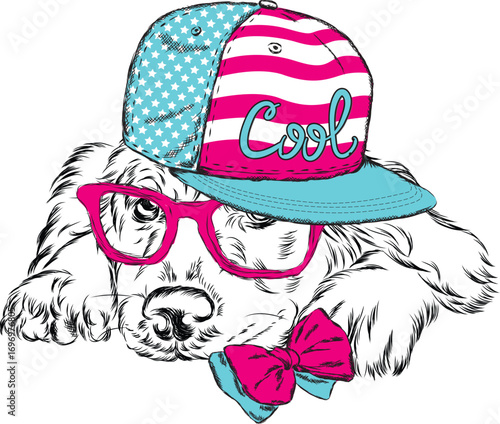 Puppy in cap and tie. Dog vector.