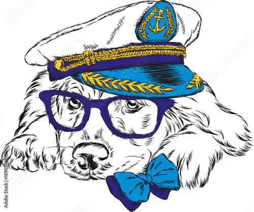 A pedigreed dog with glasses, a tie and a cap. Vector illustration. Captain, sailor.