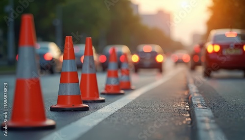 Orange and white striped traffic cones line asphalt road. Cars blur in background under sunset sky. Cones mark construction, safety zone, detour, or roadwork ahead.