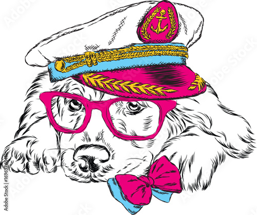 A pedigreed dog with glasses, a tie and a cap. Vector illustration. Captain, sailor.