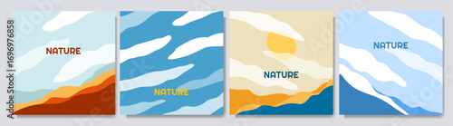 Vector illustration landscape. Cloudy sky, mountain peak, hills. Hand drawn perspective style. Design elements for web banner, blog poster, social media template. Cartoon childish drawing style
