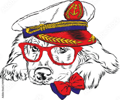 A pedigreed dog with glasses, a tie and a cap. Vector illustration. Captain, sailor.