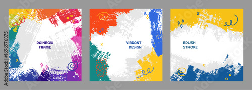 Vector illustration. Bright color background. Paint brush strokes and hand drawn doodle elements. Trendy abstract flat design for social media banner, blog post template. Colorful childish style