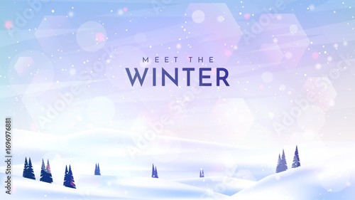 Vector illustration. Flat landscape. Snowy background with snowdrifts. Snowfall with blurred lights on blue sky. Blizzard. Cartoon horizontal wallpaper. Cold weather. Winter season with pine trees