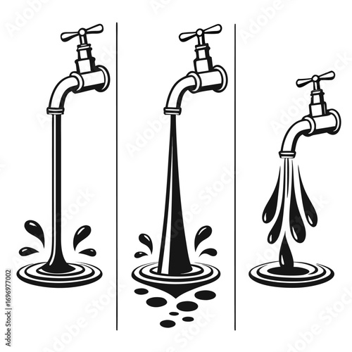 Illustrated dripping taps with varying water flow, perfect for water conservation campaigns or plumbing services marketing materials