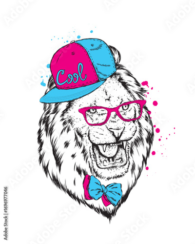 Lion in cap and glasses. Vector illustration for greeting card, poster, or print on clothes.