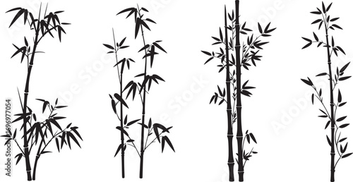 Bamboo Silhouette Vector Set with Leaves, Stems, and Tropical Forest Elements