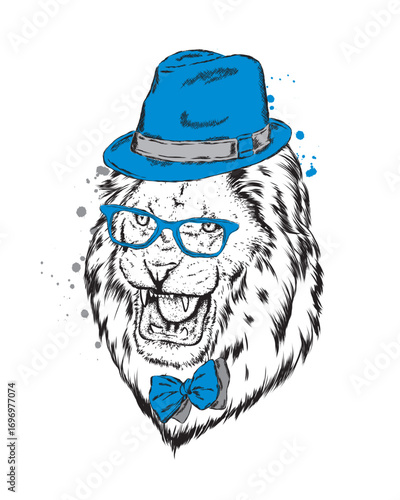 Hipster. Poster . Print . Greeting card with animals. Leo hat .
