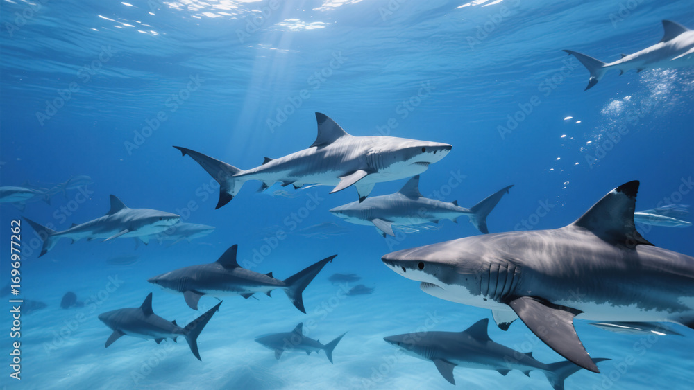 Fototapeta premium Underwater Shark Group & Blue Sea Water Marine Life Photography