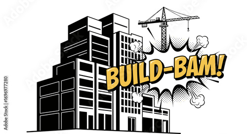 Construction Site Skyscraper with Crane and Comic Explosion