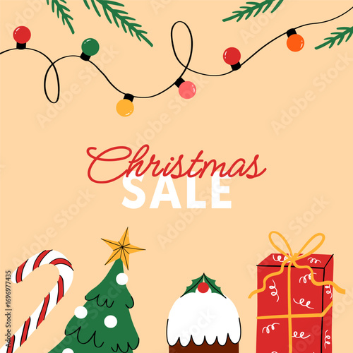 Colorful Merry Christmas greeting card, Sale banner. Poster with hand drawn Xmas decoration elements. Christmas vector background for yours designs