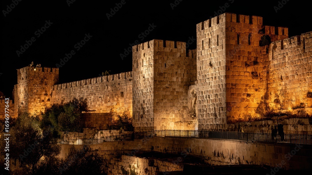Naklejka premium Historic Walls: Starlit Night View at Gate showcasing Ancient Stone Architecture