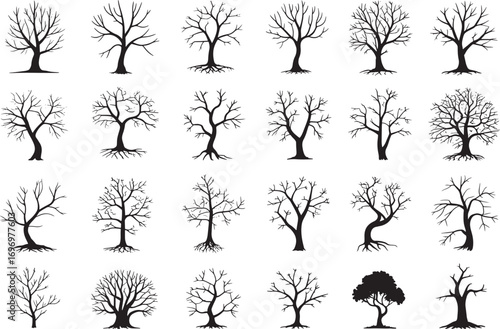 Naked trees silhouettes set. Hand drawn isolated illustrations.