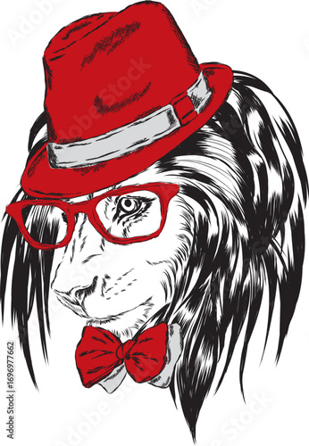 Hipster. Poster . Print . Greeting card with animals. Leo hat .