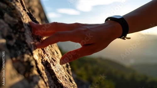 Woman's Hand Touches Mountain Rock at Sunset, Connection with Nature