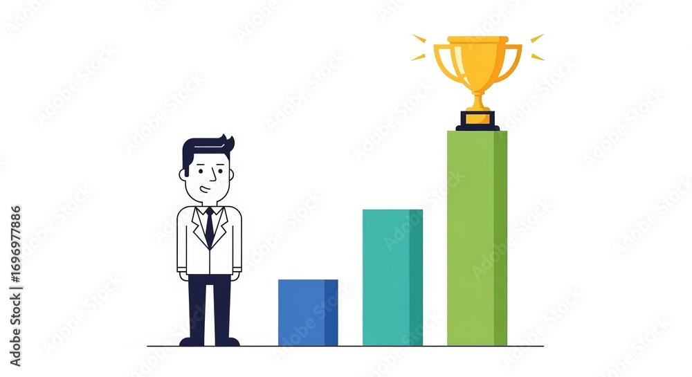 Obraz premium Achieving the Golden Trophy: A determined individual gazes at a towering graph, symbolizing the journey and aspiration for success.