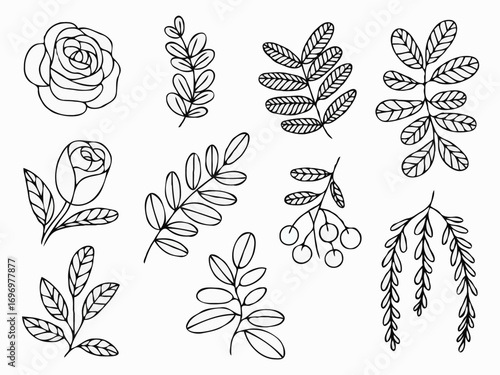 A hand-drawn floral vector set with seamless patterns of rose and lily flowers, leaves, and a butterfly illustration perfect for vintage summer and spring decoration