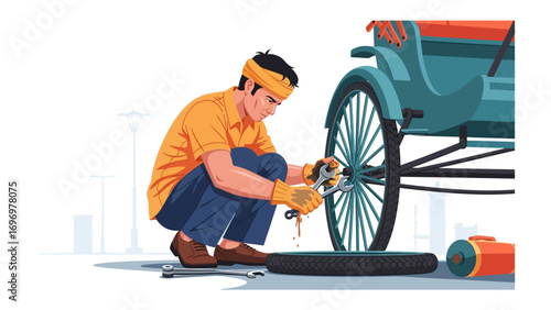 Craftsman's Care: A craftsman in yellow shirt is expertly maintaining a vehicle, focused on precision and care.