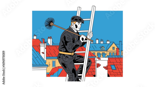 Chimney Sweep at Work: A diligent chimney sweep, ascends a ladder amidst rooftops, meticulously cleaning the chimneys for optimal function and safety.