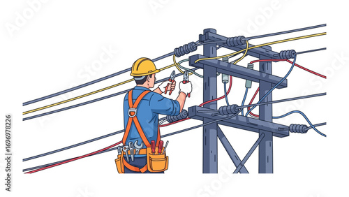 Electrical Technician at Work: An electrician meticulously works on a power lines in a vibrant illustration, focusing on maintaining the electrical grid, showcasing the essential job
