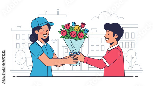 Floral Gift: A tender moment unfolds as a smiling delivery person presents a vibrant bouquet to a delighted recipient, set against a backdrop of a gentle building