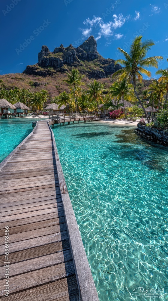 Fototapeta premium A wooden walkway extends into a vibrant turquoise lagoon, flanked by tropical vegetation and a majestic mountain backdrop.