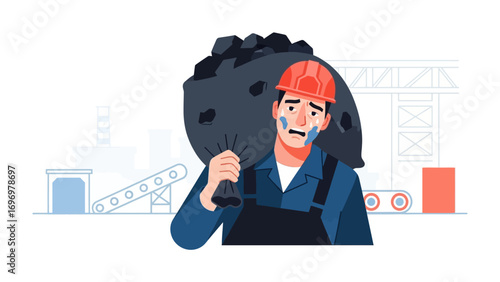 Burden of Industry: A somber portrayal of a hardworking industrial worker bearing the weight of his labor, capturing the raw struggle and resilience inherent in his daily work.