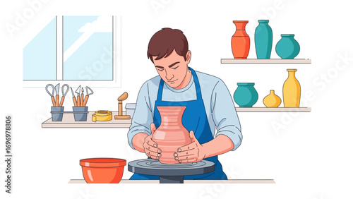 Artisan's Workshop: An artisan focused on the wheel, diligently shaping clay into a form with shelves full of colorful, meticulously crafted pottery displayed, a testament to artistry and skill.