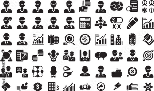 Collection of business and finance icons representing people growth and success