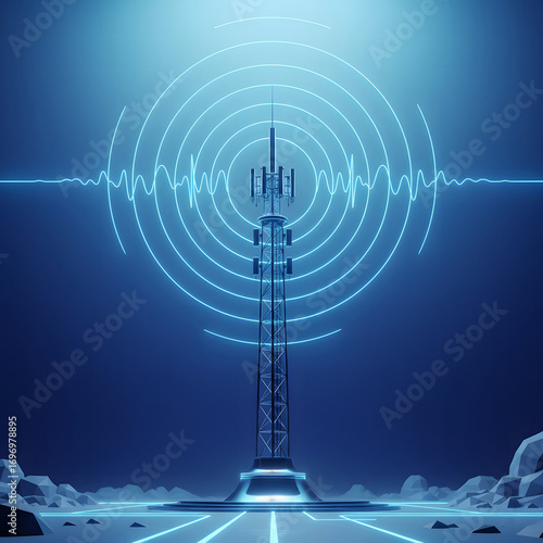 Futuristic communication tower emitting glowing blue signal waves in a digital landscape