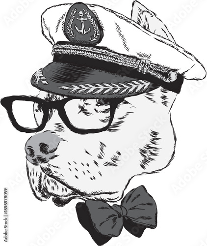 A pedigreed dog with glasses, a tie and a cap. Pitbull. Vector illustration. Captain, sailor.