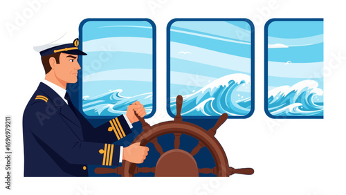 Seafarer at the Helm: An experienced seafarer, hands firmly gripping the ship's wheel, navigating the ocean waves with unwavering determination
